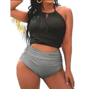 Plus Size colorblock Halter Neck Backless Bikini Set sz 2X